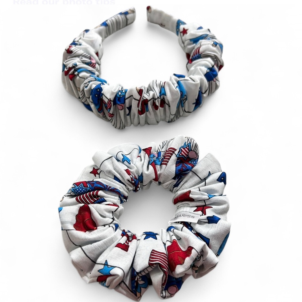 Patriotic Red and Blue Pattern Hair Scrunchies and Headband Set. Handmade.